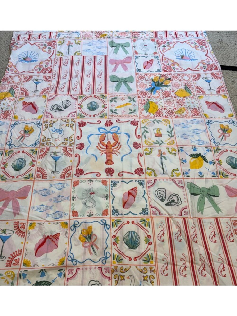 URBAN OUTFITTERS Porto Tile Whimsical Mermaid Lobster Flat Sheet FULL 84X103